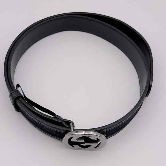 New Gucci GG Canvas Leather Belt Interlocking G Black Size 95/38 Unisex 1.2” - Picture 6 of 11